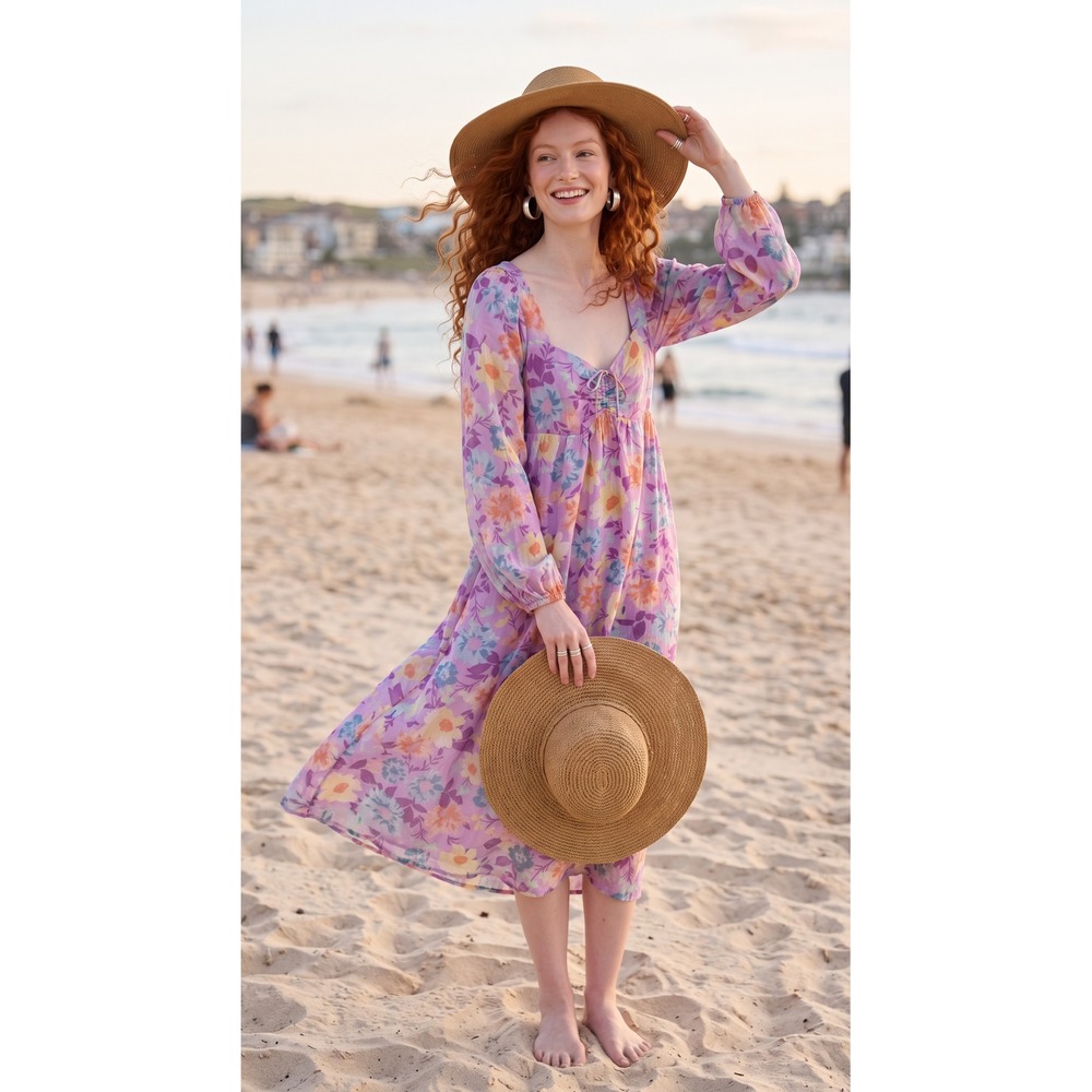 BillabongxThe Salty Blonde Back To The Beach Floral Midi Purple M Beachy Gauze